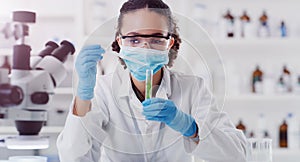 Lab plant analytics, woman scientist mask and ecology pour of a employee with science work. Laboratory worker, medical