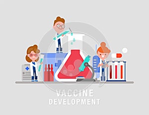 Lab research development of vaccine or drug. Vaccination concept vector illustration. Team of Research Scientists cartoon