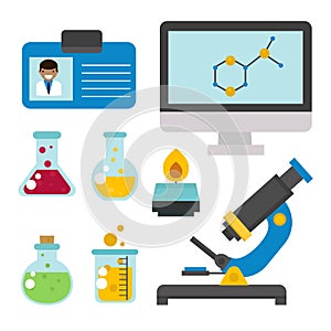 Lab symbols test medical laboratory scientific biology design biotechnology science chemistry icons vector illustration.