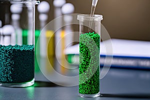 Lab table with test tubes of green plastic granules. Biodegradable plastic
