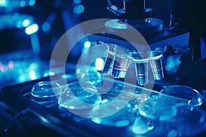 Lab technician analyzing biomaterial samples under microscope, observing cell structures