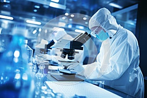 Lab technician analyzing biomaterial samples under microscope, observing cell structures