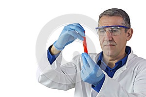 Lab Technician with Blood Sample in a Test Tube Over White Background