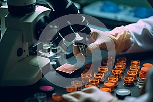 lab technician cleaning and changing macro mode of magnified lens for microscope.