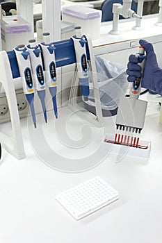 The lab technician injects the red liquid into a microtiter plate. lab concept