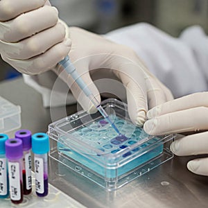 Lab Technician Pipetting Microplate Wells (Generated With AI)