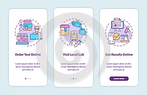 Lab test ordering steps onboarding mobile app page screen with concepts