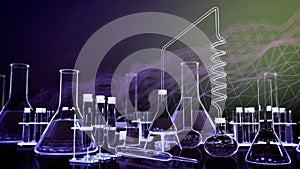 lab test tubes and other various glassware with digital effects - cosmetics concept or biology background, 3D illustration of