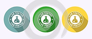 Lab tested icon. Laboratory testing product quality certificate symbol in shadow button design photo
