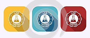Lab tested icon. Laboratory testing product quality certificate symbol in shadow button design photo