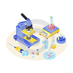 Lab tests isometric color vector illustration. Chemical experiment. Diagnostic, scientific laboratory equipment. Microbiology.