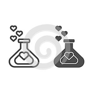 Lab tube with a heart line and solid icon. Laboratory of the Love illustration isolated on white. Love Chemistry potion