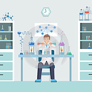 Lab worker doing test vector illustration. Male chemist, researcher mixing liquids in test tubes cartoon character
