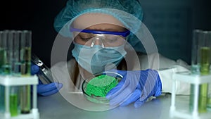 Lab worker opening Petri dish with green powder, cosmological production