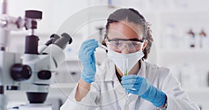 Lab worker, woman scientist and plant chemical pour of employee with science work. Laboratory mask, medical test and