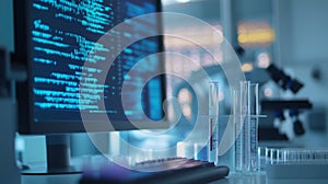 Lab workstation with computer and glassware for scientific research and data analysis