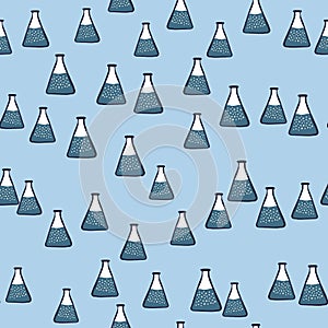 Labatory random seamless pattern with flask navy blue little ornament. Science artwork with pastel background