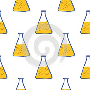 Labatory seamless pattern with flask little ornament. Science background