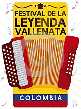 Label with Accordion, Flag and Notes for Vallenato Legend Festival, Vector Illustration