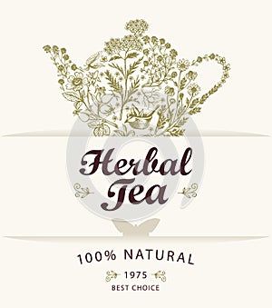 Label or banner for herbal tea with teapot and herbs