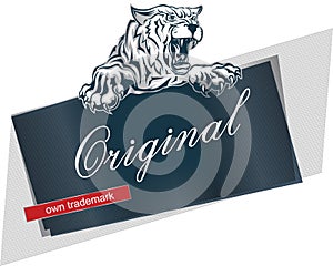 Label or banner template with furious scary tiger with an open m