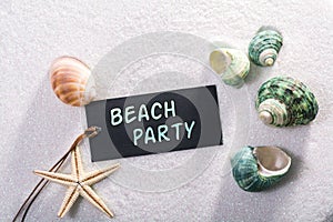 Label with beach party photo