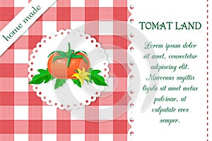 Label with big ripe tomato on chequered backdrop in retro country style for package or product design. vector red and white plaid