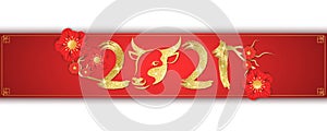 Label for Chinese New Year of the Bull 2021. Golden glittering zodiac sign with hand drawn numbers. Blooming flowers on a red