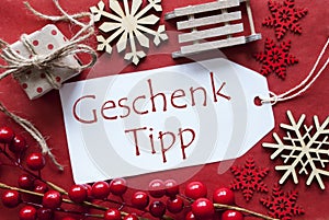 Label With Christmas Decoration, Geschenk Tipp Means Gift Tip