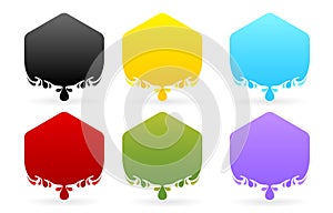 Label drops polygon models with six variation color isolated white background, set of colorful stickers, Colorful droplets