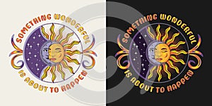 Label with eclipse with sun, crescent moon, text