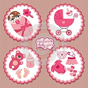 Label with elements for European newborn baby girl