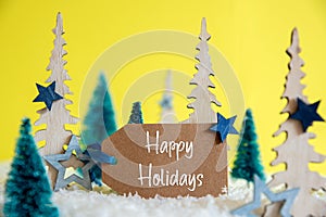 Christmas Trees, Snow, Yellow Background, Label, Happy Holidays