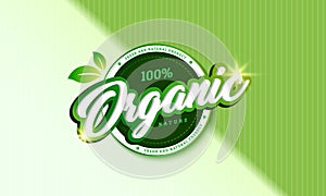 Label food products 100% organic, natural, circle shape.