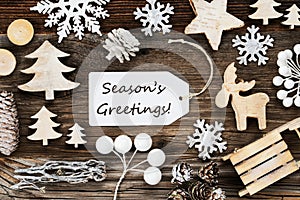 Label, Frame Of Christmas Decoration, Text Seasons Greetings photo