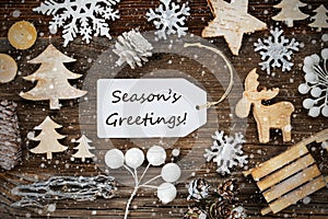Label, Frame Of Christmas Decoration, Text Seasons Greetings, Snowflakes photo