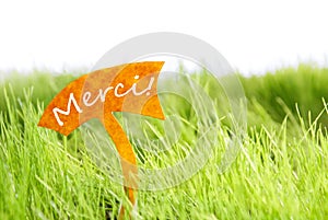 Label With French Merci Which Means Thank You On Green Grass