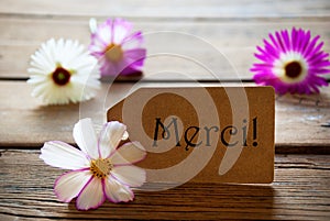 Label With French Text Merci With Cosmea Blossoms photo