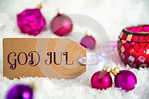 Label God Jul, Means Merrry Christmas, Christmas And Winter Background, Snow