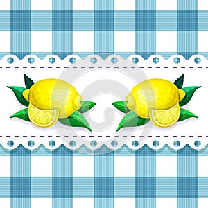 Label with juicy ripe lemon on chequered backdrop in retro country style for product package design. seamless blue and