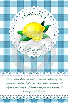 Label with juicy ripe lemon on chequered backdrop in retro country style for product package design. vector blue and
