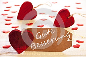 Label With Many Red Heart, Gute Besserung Means Get Well