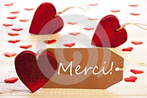 Label With Many Red Heart, Merci Means Thank You