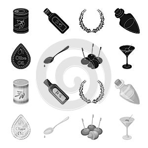 Label of olive oil, spoon with a drop, olives on sticks, a glass of alcohol. Olives set collection icons in black