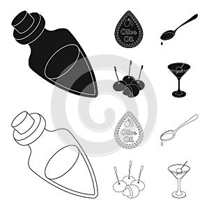 Label of olive oil, spoon with a drop, olives on sticks, a glass of alcohol. Olives set collection icons in black