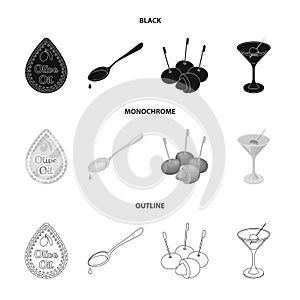 Label of olive oil, spoon with a drop, olives on sticks, a glass of alcohol. Olives set collection icons in black