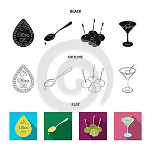 Label of olive oil, spoon with a drop, olives on sticks, a glass of alcohol. Olives set collection icons in black,flat