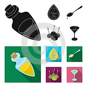 Label of olive oil, spoon with a drop, olives on sticks, a glass of alcohol. Olives set collection icons in black,flat