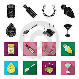Label of olive oil, spoon with a drop, olives on sticks, a glass of alcohol. Olives set collection icons in black,flet
