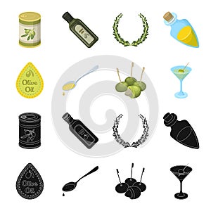 Label of olive oil, spoon with a drop, olives on sticks, a glass of alcohol. Olives set collection icons in black